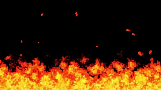 Dynamic pixelated fire flames loopable motion graphic background digital animated burning inferno effect for high energy video projects