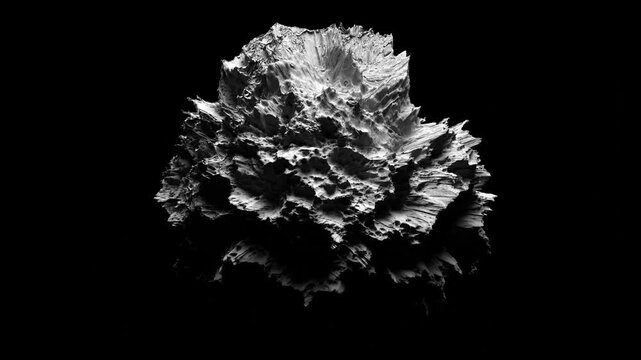 3d render of abstract art video animation video with surreal alien iron stone asteroid with rough scratched damaged surface with glass ice crystal parts in deformation transformation process on black