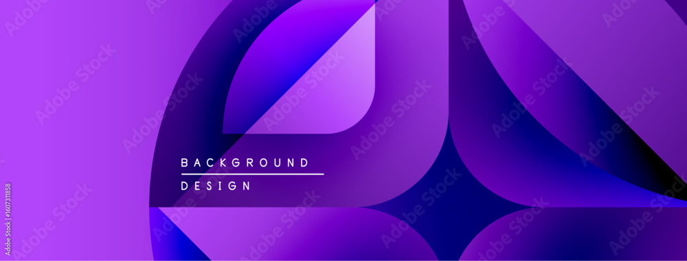 Poster abstract purple design features overlapping shapes. gradient colors create dynamic visual effect. mo