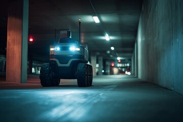 Fototapeta premium Security Patrol Robot Navigating A Parking Garage At Night. Its Headlights Cast Clear Shadows, And Its Body Reflects Light From Overhead Lamps. No People Or Cars In Focus, Just The Robotic