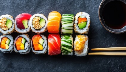 Assorted sushi rolls on dark stone
