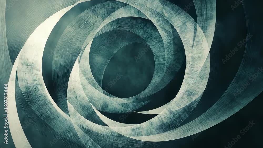 Poster mesmerizing vortex animation with geometric spirals and a dark teal color palette