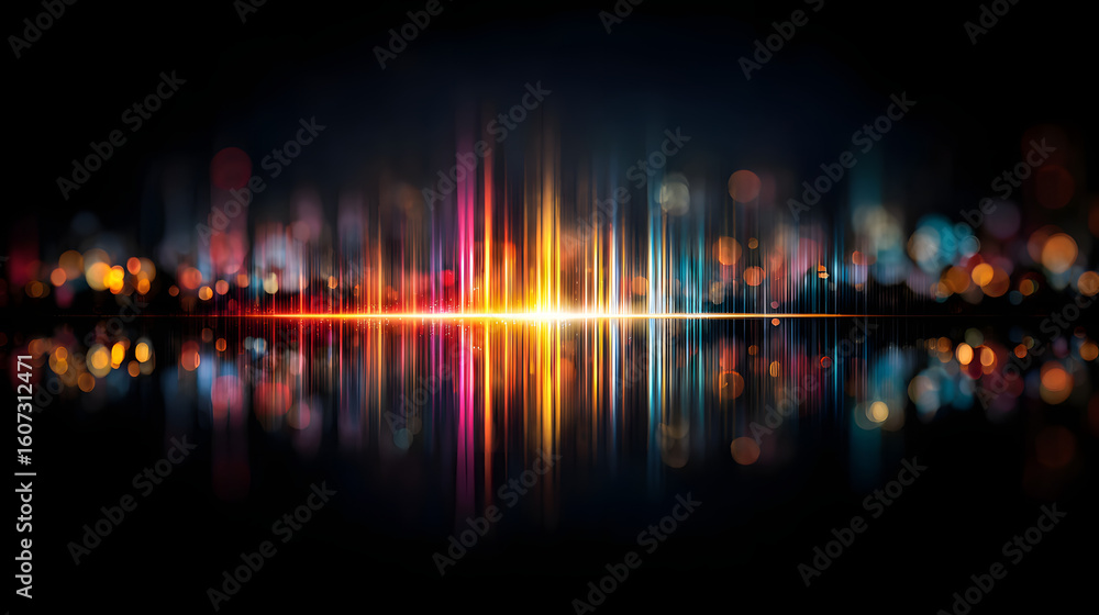 Poster dynamic colorful sound equalizer bars with reflection on dark background for audio visualization