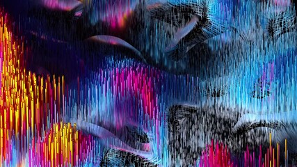 3d render of abstract art video animation with surreal landscape with smooth wavy curved hills based on small tubes pipes sticks particles in gradient purple yellow red blue color on metallic surface - Powered by Adobe