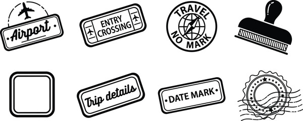Set of isometric travel stamps and visa marks for passport and international travel documentation