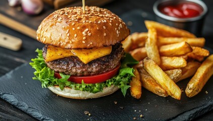 Close-up of a juicy cheeseburger with french fries on a dark stone plate