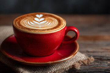 Cappuccino with Latte Art in Red Cup