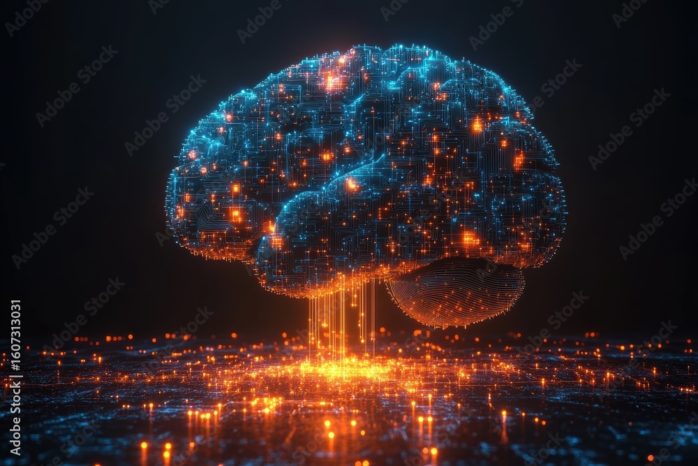 Poster digital brain illustration showcasing neural networks and circuits in glowing detail