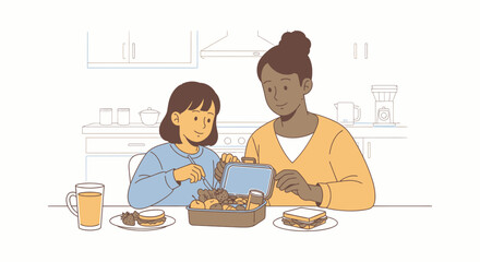 An illustration of a mother and daughter preparing a lunchbox in a kitchen setting, with food and drink on the table.