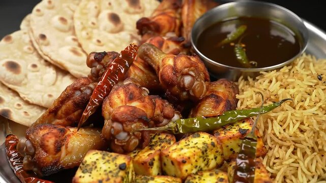 Delicious Indian Feast Grilled Chicken, Paneer, Rice, & More!