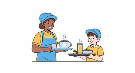 Smiling waitress serves breakfast tray to happy young boy.