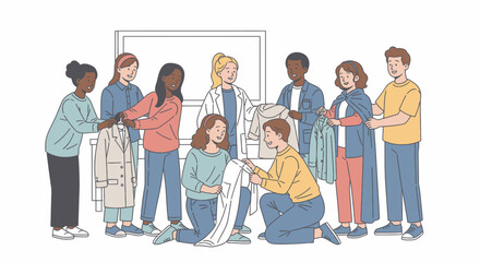 Diverse group of people sorting and distributing clothing donations.