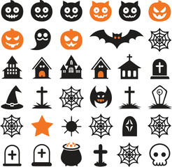 Halloween Icon Set with Pumpkin, Cat, Bat, and Skull Silhouette