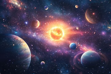 Obraz premium Cosmic expanse, vibrant planets, blazing sun