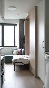 Modern apartment with Murphy bed, and city view.