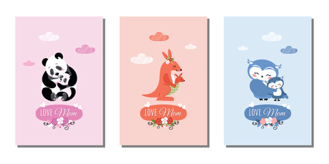 A set of cute templates with a mother and baby for postcards, covers, flyers, banners, and more. Bear and cub, kangaroo and kangaroo baby, owl and owl baby. Vector illustration.