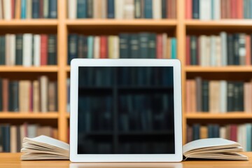 E-book reading on a tablet with a bookshelf in the background during a quiet afternoon