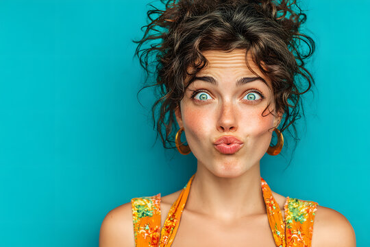 Attractive young woman making an expressive eye roll pose against a solid blue background in a fashionable summer top