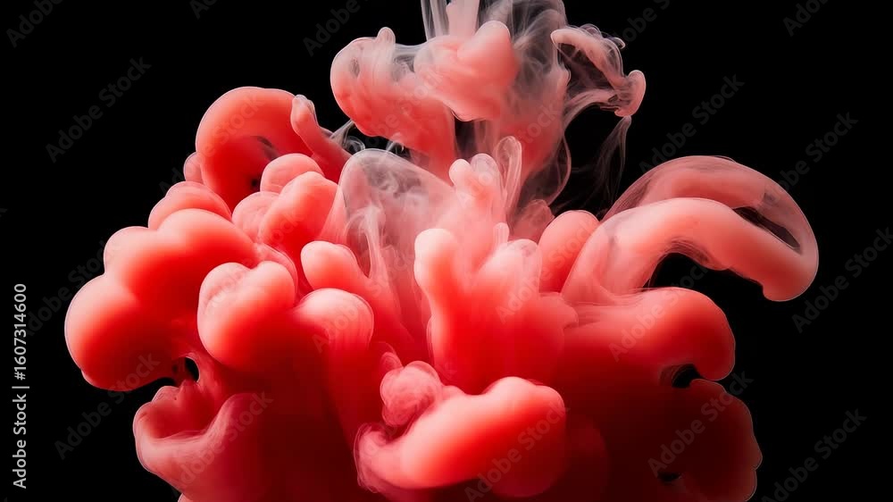 Poster abstract red pigment swirling in a dark space, creating unique shapes and patterns