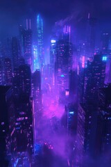 A vibrant, purple-toned cityscape at night.  Neon glows illuminate tall buildings.  Foggy atmosphere