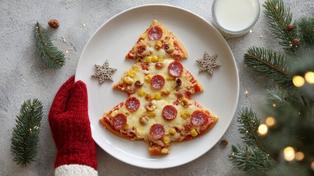Flat lay with Christmas tree in form of pizza paperoni on white plate. Santa hand in red mitten hold plate with pizza. Near glass of milk. Christmas pizza delivery, Christmas pizza 