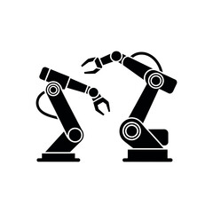Two black robotic arms with grippers on white background industrial robot automation