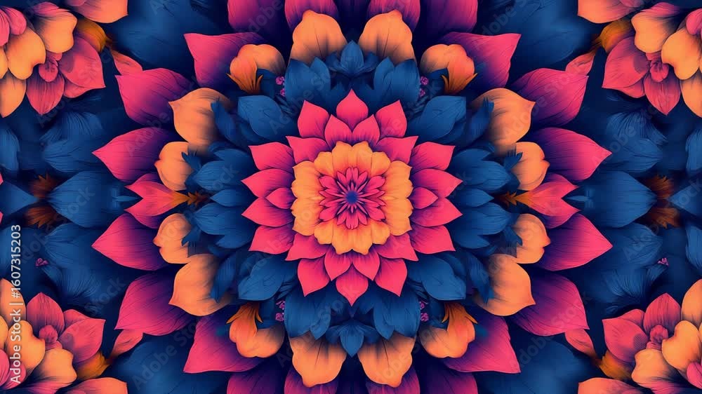 Poster symmetrical floral pattern animation with vibrant colors and smooth transitions