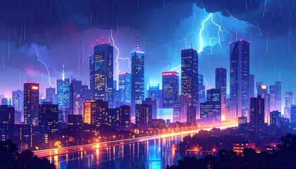 Fototapeta premium Cityscape at night, vibrant storm