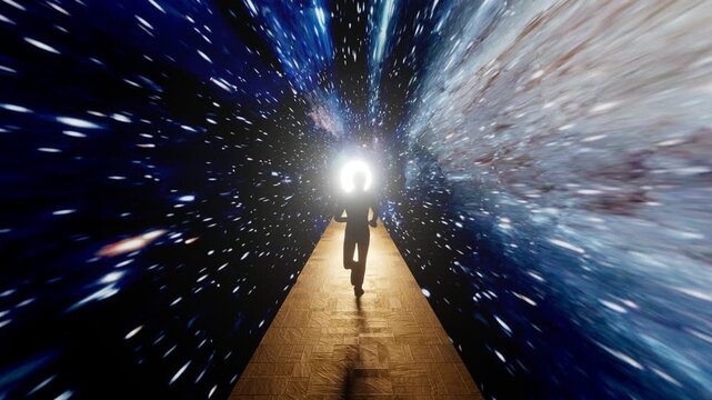 Man running om a golden road  through space stars and nebula