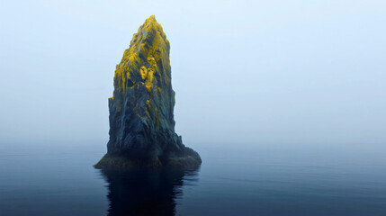 Large rock emerging from the water covered in vegetation on a foggy sea
