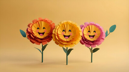 Three marigold characters in kawaii 3D style dancing with joy. Symbol of life and remembrance, these smiling flowers bring lightness and color to D&iacute;a de Muertos visuals.