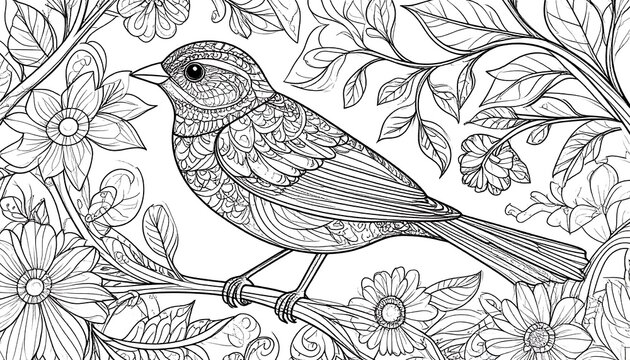 Detailed black and white bird amidst intricate floral design - Powered by Adobe
