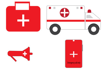 Emergency healthcare flat vector with red ambulance, first aid box, phone alert icon, and megaphone, hospital medical assistance concept

