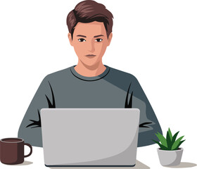 Young man in a suit smiling while working on his laptop in the office