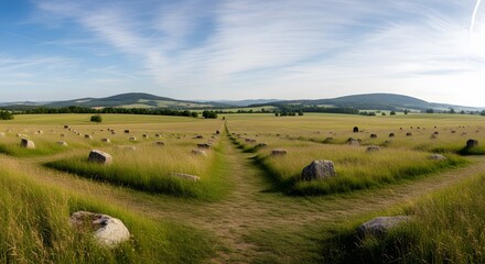 Fototapeta premium A scenic panoramic landscape of a prehistoric stone circle with a path diverging in a green field.