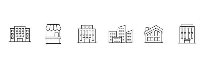 Obraz premium Real estate Properties line icons set. Urban architecture. State institutions. Containing, Urban architecture, building, skyscraper, and more. Editable stroke. Vector illustration.