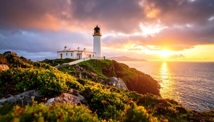 Dramatic lighthouse at sunset over the sea