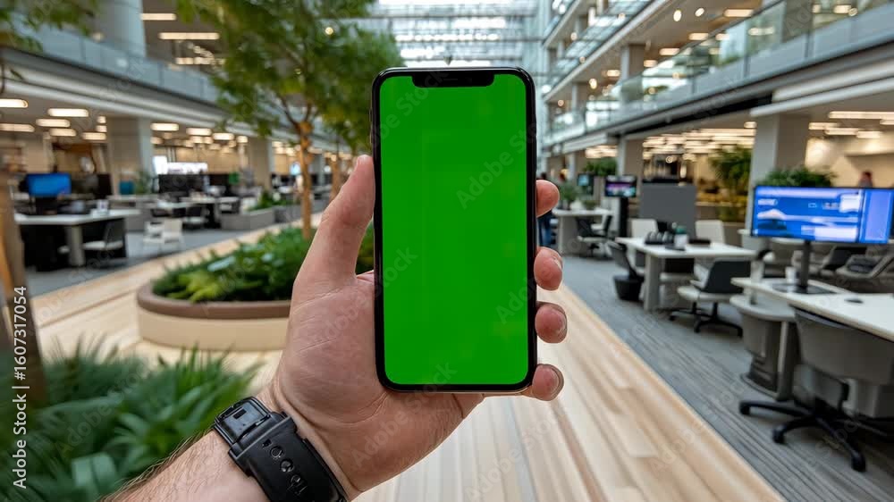 Poster exploring a modern office space with greenery and a smartphone ready for presentation