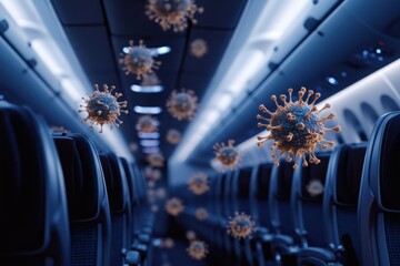 Floating graphic layouts illustrating airborne virus concepts in an airplane cabin environment