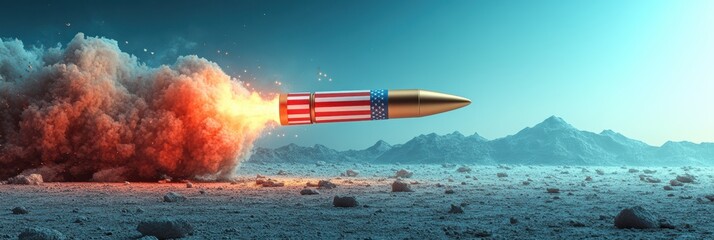 A striking visual displays a missile soaring into the sky, embellished with an American flag
