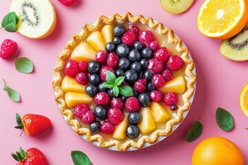 Colorful fruit tart displayed on pink background with fresh fruits surrounding it