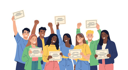 Diverse students celebrating academic success with certificates and joyful expressions