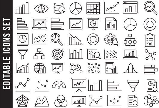 Editable Outline Icon Set for Data Analysis, Statistics, and Business Analytics