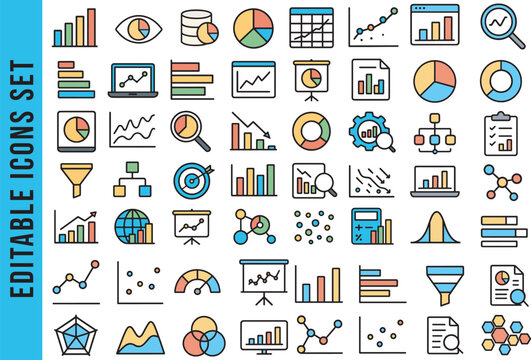 Editable Color Icon Set for Data Analysis, Statistics, and Business Analytics