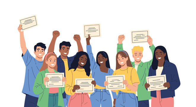 Diverse students celebrating academic success with certificates and joyful expressions