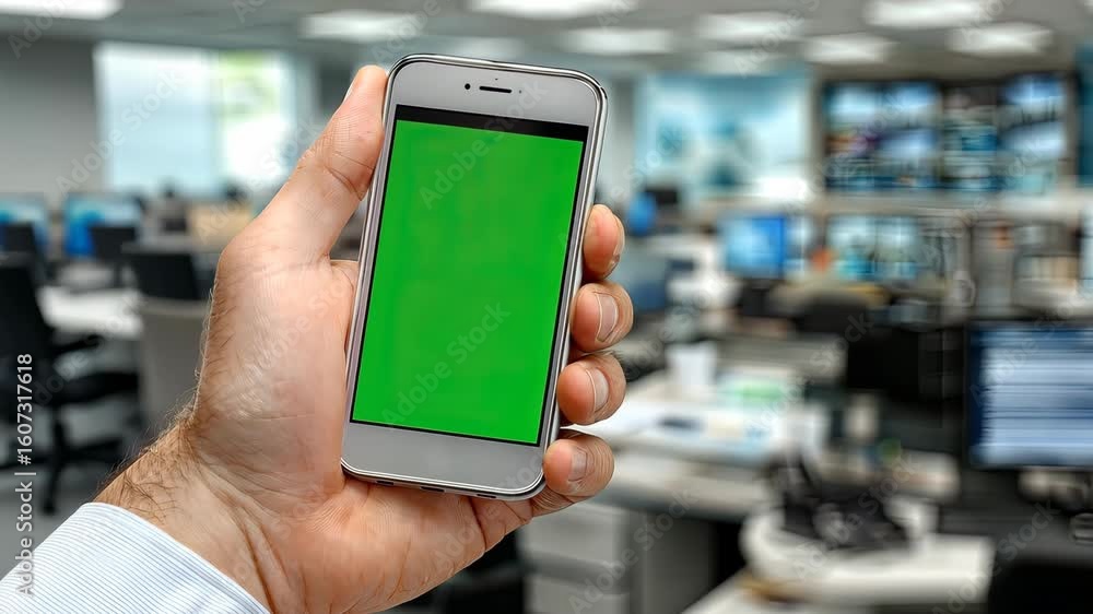 Poster hand holding smartphone with green screen in busy office environment filled with computer monitors a