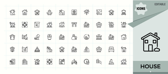 House icon set. Real linear icon set. Sign and Symbol. Containing residential, home, estate, apartment, real and more. Editable stroke. Vector illustration.