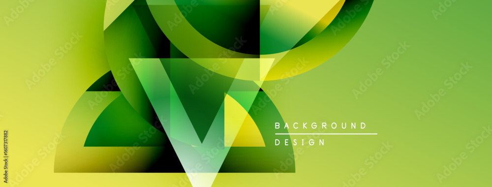 Poster abstract green background. geometric shapes overlap, creating dynamic visual effect. light streaks a