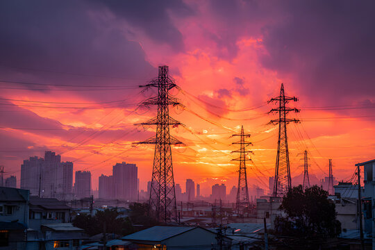 Silhouettes of high voltage towers with electrical wires on background of sunset sky. Electricity transmission lines in city, power supply concept - Powered by Adobe