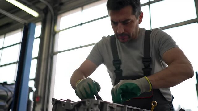 Serious Mechanic Fixes a Gray Engine in Bright Garage Setting Wearing Gloves and Gray Workwear